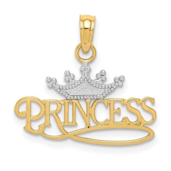 14k Yellow Gold & White Rhodium Crown Princess Script Pendant, 20mm - Picture 1 of 5